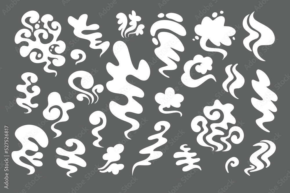 Smoke different shapes set. White cloud fog cigarette fire in cartoon style for game. Isolated flat Smoke different shapes set. White cloud fog cigarette fire in cartoon style for game. Isolated flat