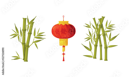 Red Paper Lantern with Tassel and Bamboo Stalk as China Object and Traditional Cultural Chinese Symbol Vector Set