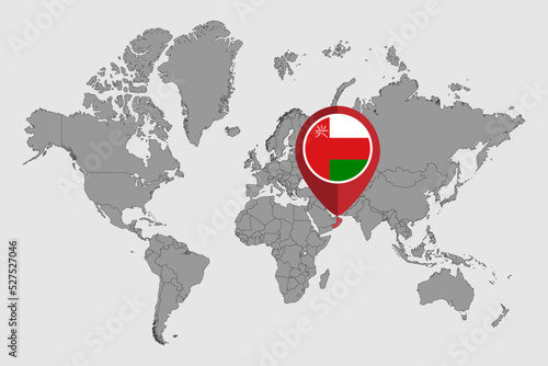 Pin map with Oman flag on world map. Vector illustration.