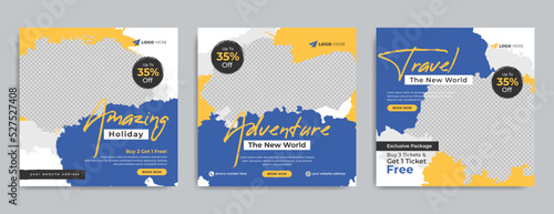 Holiday travel business marketing social media banner post template. Tour, tourism and summer beach vacation promotion flyer with logo & icon. Travelling web poster with paint brush stroke background.