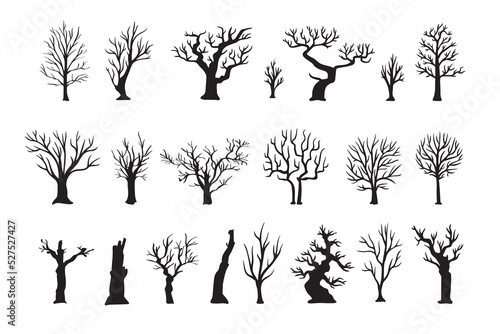 Silhouette Dead dry Tree Set. Black Tree On White Background. 