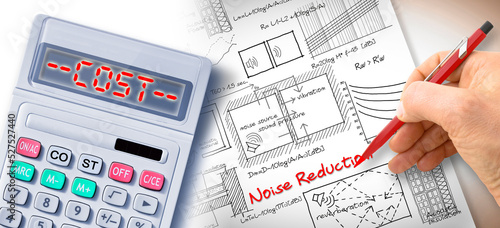 Obraz na płótnie Costs about noise reduction in buildings structures with engineer writing formul