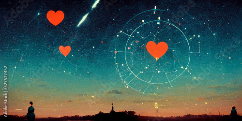 Red hearts and zodiac signs in a starry sky above a peaceful city symbolizing the astrology of love and love horoscopes in the service of love or Valentine's Day