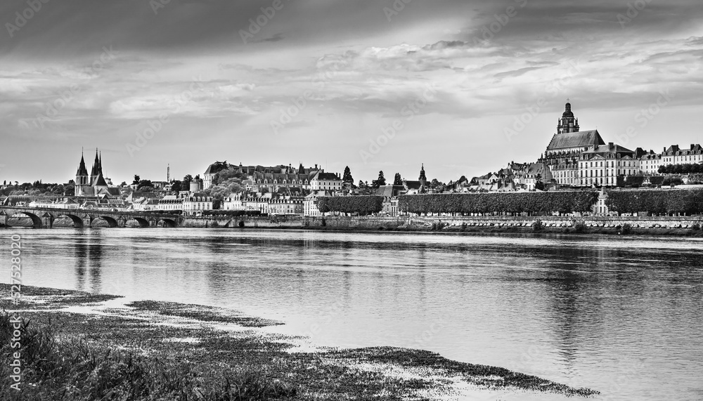 Blois, France: Landscape of Blois old town on the shores of Loire river in black and white