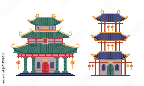 Pagoda as Chinese Tiered Tower with Multiple Eaves and Traditional Building Vector Set