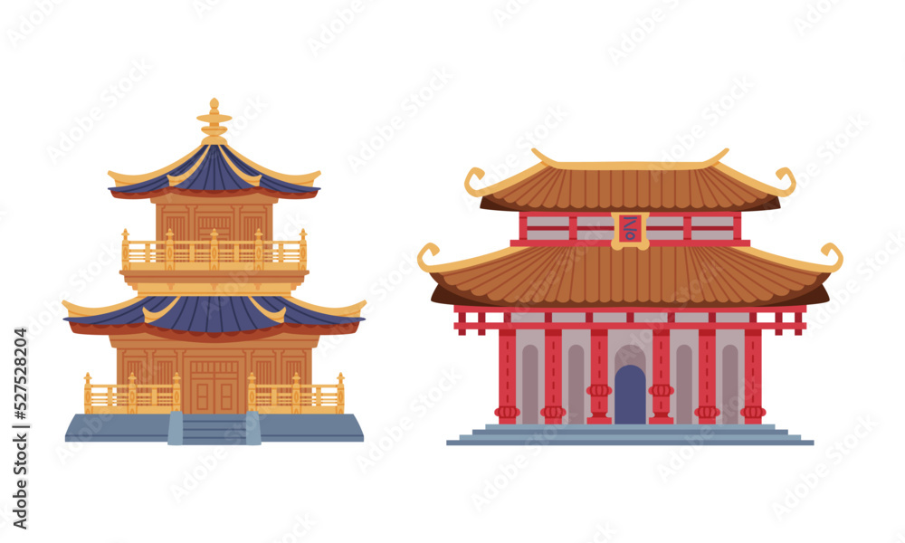 Pagoda as Chinese Tiered Tower with Multiple Eaves and Traditional Building Vector Set Pagoda as Chinese Tiered Tower with Multiple Eaves and Traditional Building Vector Set