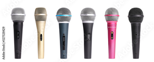 Set of microphones isolated on white background.