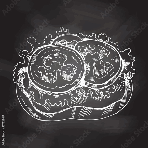 Hand drawn sketch of bruschetta with tomatoes and lettuce. Sandwich, toasted baguette, toast, slice of bread. White sketch isolated on black chalkboard. Icons and elements for print, labels, packaging