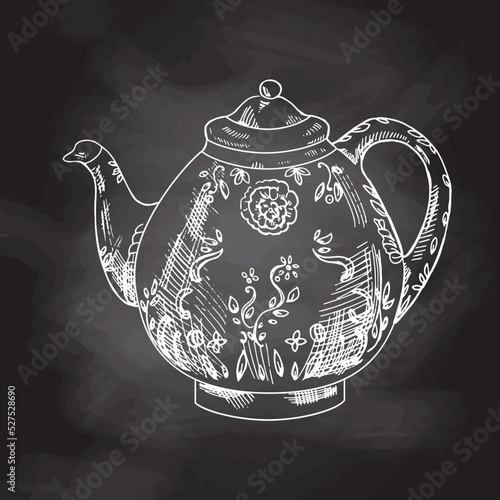 Hand drawn sketch illustration. Vector monochrome vintage porcelain teapot. White sketch isolated on black chalkboard. Icons and elements for print, labels, packaging. Vintage, doodle style.