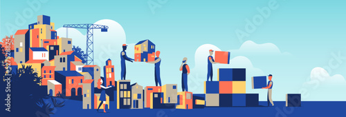 Persone che costruiscono la città con strutture modulari