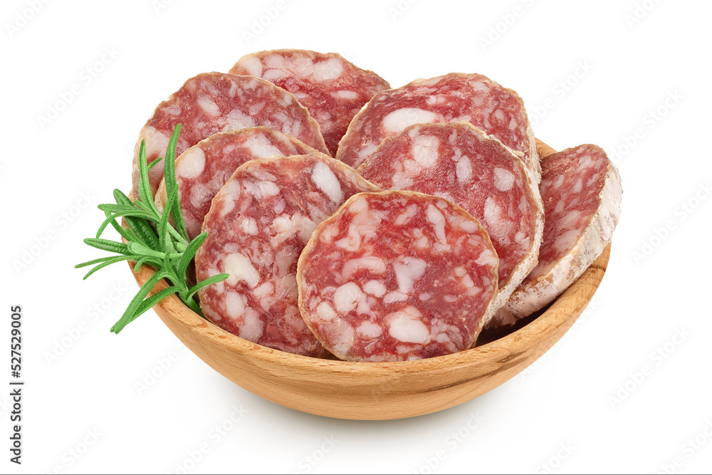 Cured salami sausage in wooden bowl isolated on white background. Italian cuisine with full depth of field