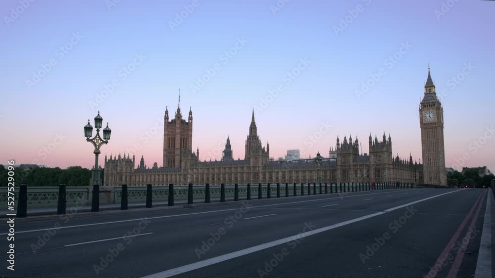 Low, wide angle shot of Westminster Bridge and Parliament at dawn with 28 Days Later feel Low, wide angle shot of Westminster Bridge and Parliament at dawn with 28 Days Later feel