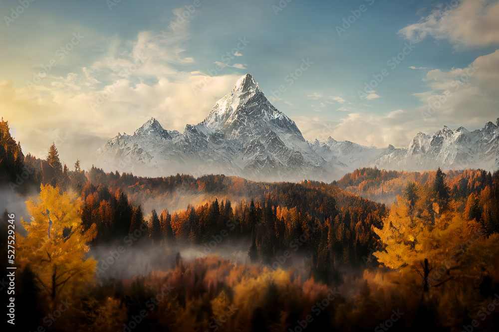 Landscape beautiful autumn misty mountains. Yellow trees on hill in fall colors.