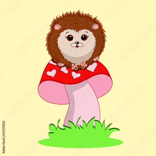 Cute little hedgehog is sitting on a big mushroom with hearts. A separate design element for children's illustrations, greeting cards, T-shirt print, wallpaper, pattern.