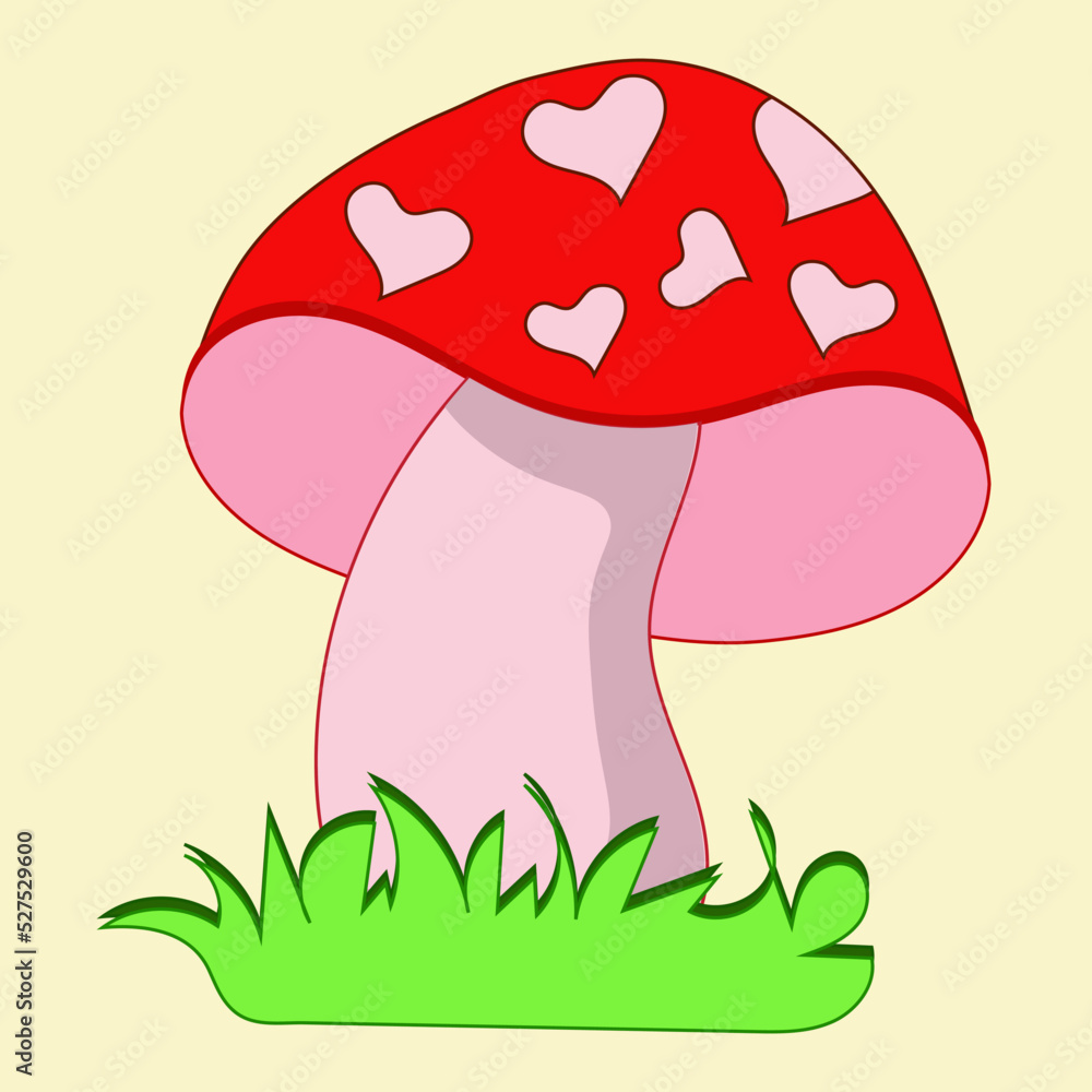 Large painted red mushroom with heart spots. Isolated element, a separate detail for the decoration of postcards, posters, illustrations, banners, pictures.