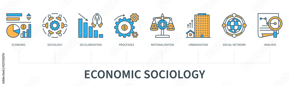 Obraz premium Economic sociology concept with icons in minimal flat line style