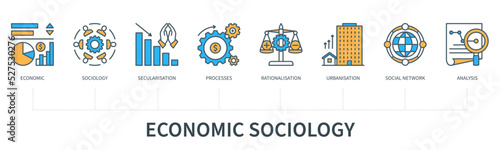 Economic sociology concept with icons in minimal flat line style