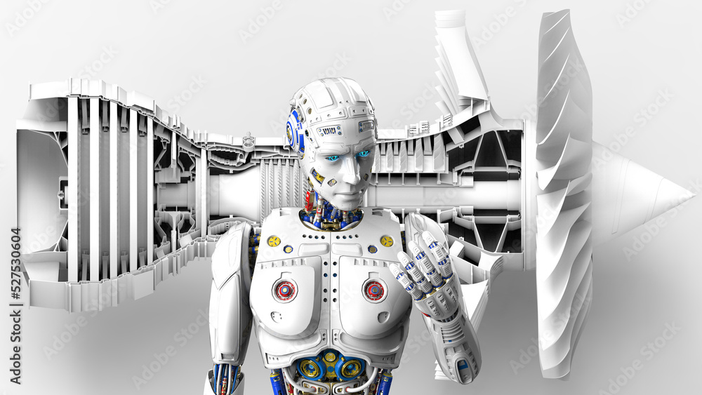 Detailed appearance of the white AI robot and white cross section of ...