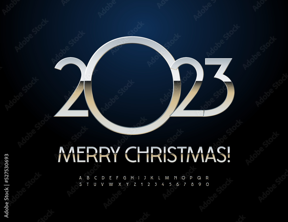 Vector Greeting Card Happy Merry Christmas 2023! Elegant Silver Font. Artistic Alphabet Letters and Numbers set Vector Greeting Card Happy Merry Christmas 2023! Elegant Silver Font. Artistic Alphabet Letters and Numbers set