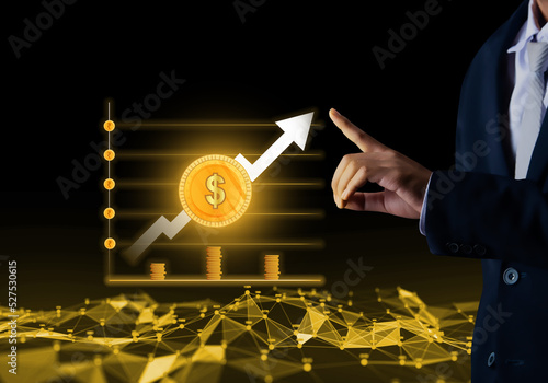 Businessman touching finance graph with doller sign, business loans, deposit, finance and loan idea photo