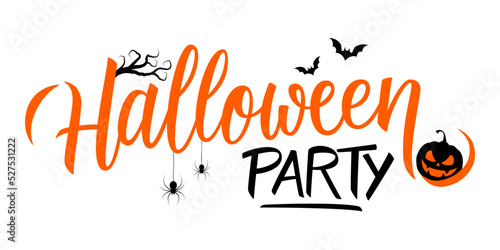 Halloween Party banner with hand lettering and traditional Halloween holiday spooky symbols. Vector illustration.