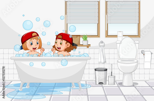 Happy kids playing bubbles in bathtub