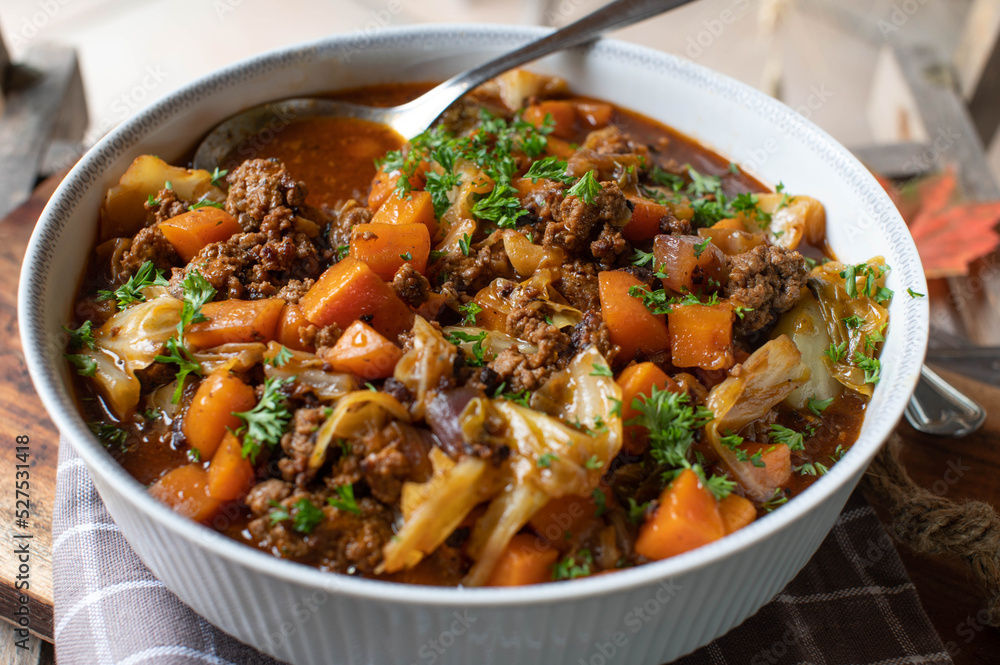 Ground beef stew with vegetables and cabbage