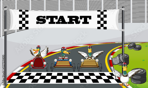 Soap box derby race with ducks cartoon character