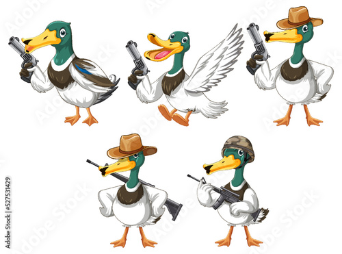 Set of duckling doing different activities