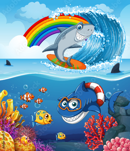 Funny shark with sea animals in the ocean
