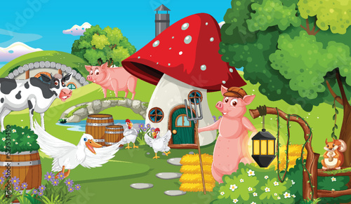 Cartoon scene with farm animals