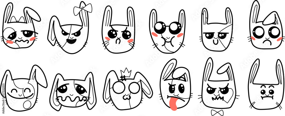 Cute Kawai rabbits. Different expression muzzles bunnies in doodle style. Angry, cheerful, joyful, happy, sick, love, suspicious, playful, laughing kawaii hare Cute Kawai rabbits. Different expression muzzles bunnies in doodle style. Angry, cheerful, joyful, happy, sick, love, suspicious, playful, laughing kawaii hare