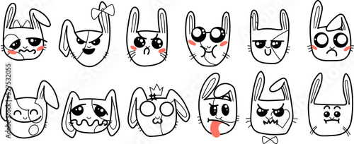 Cute Kawai rabbits. Different expression muzzles bunnies in doodle style. Angry, cheerful, joyful, happy, sick, love, suspicious, playful, laughing kawaii hare