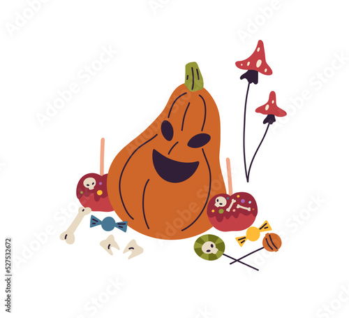 Jack pumpkin with carved face and sweet treats for Halloween holiday. Hellowe...