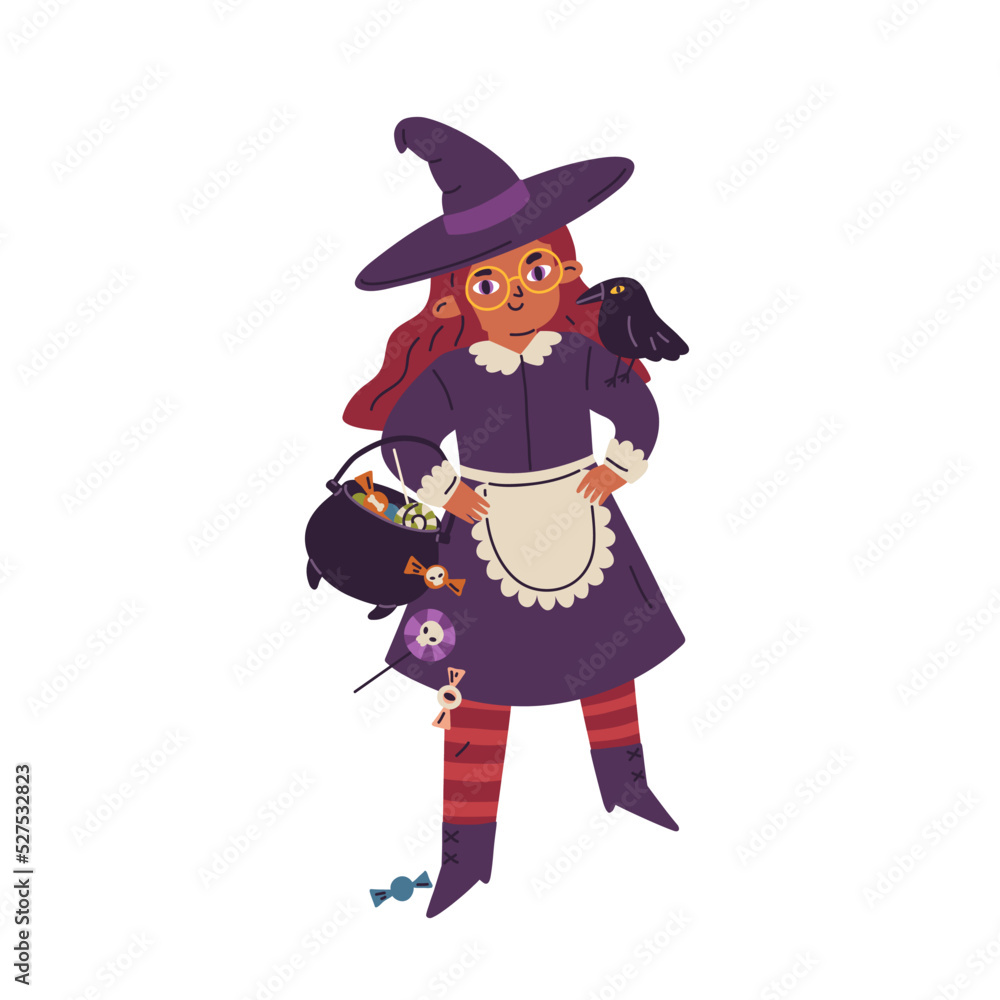 Girl in Halloween costume and witch hat. Cute kid disguised for October holiday, carnival party. Little child with Helloween cauldron. Flat graphic vector illustration isolated on white background