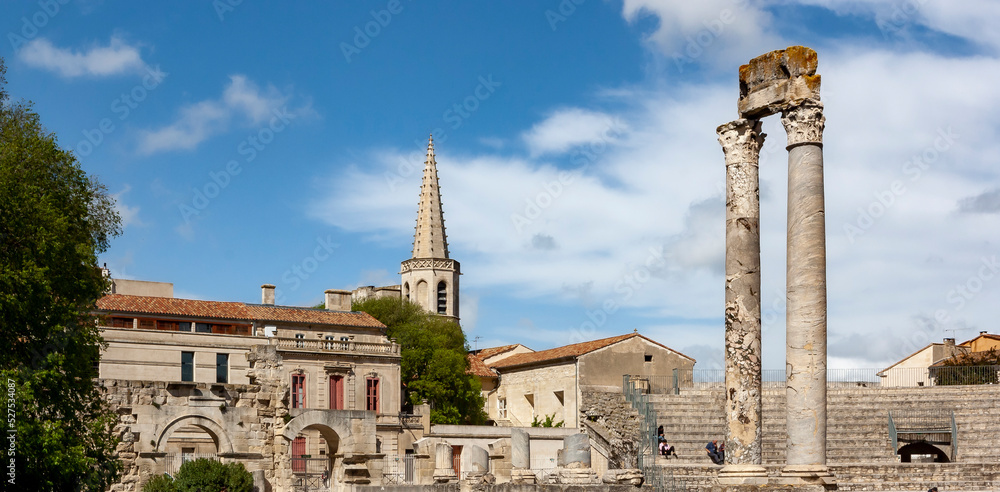 View of the roman ruins of Arles archaeological park in Provence, France