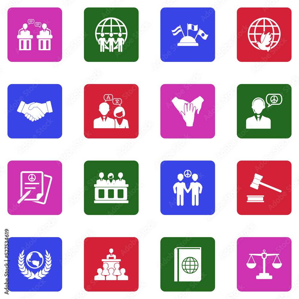 Diplomacy Icons. White Flat Design In Square. Vector Illustration. Diplomacy Icons. White Flat Design In Square. Vector Illustration.