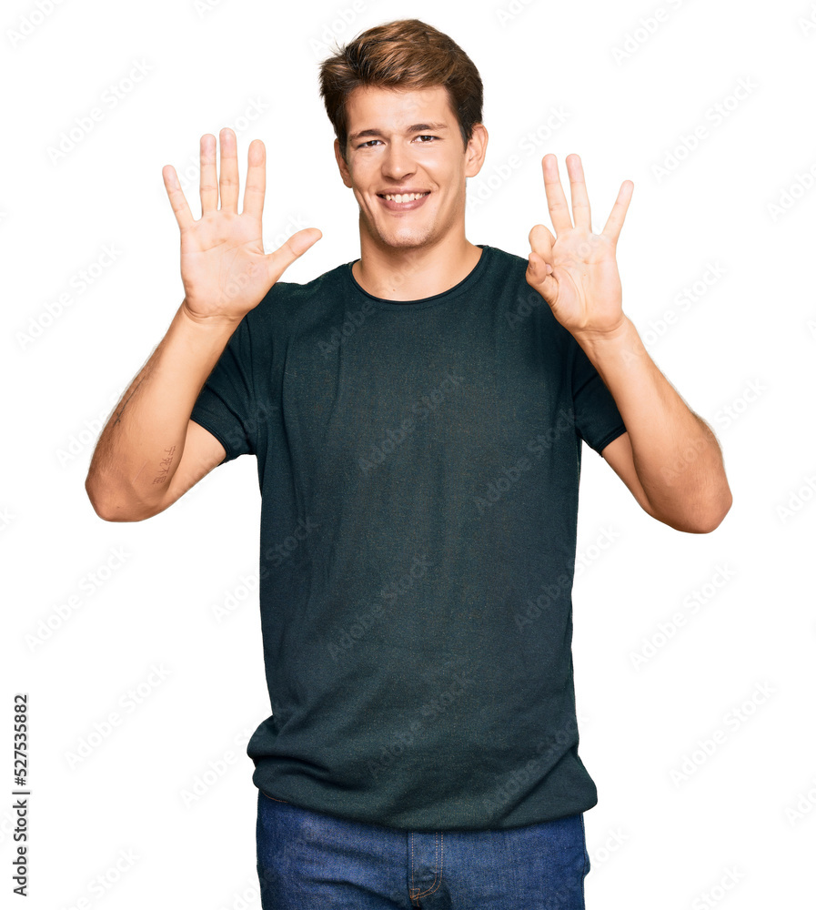 Handsome caucasian man wearing casual clothes showing and pointing up with fingers number eight while smiling confident and happy. Handsome caucasian man wearing casual clothes showing and pointing up with fingers number eight while smiling confident and happy.