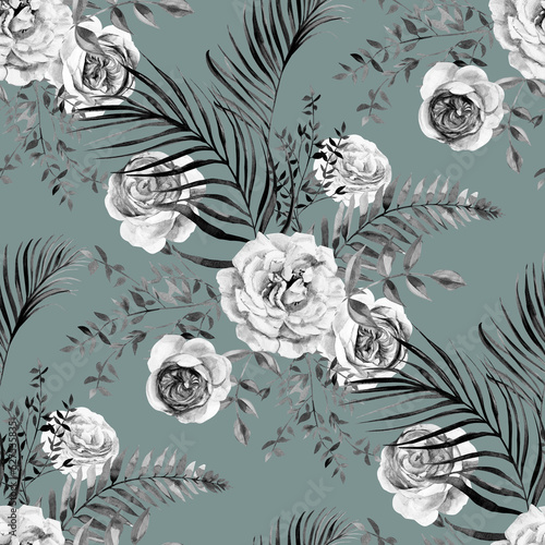 Wallpaper Mural Seamless black and white watercolor pattern with flowers of delicate roses and dry branches and leaves of palm trees in Boho style drawn for summer clothing textile and surface design Torontodigital.ca
