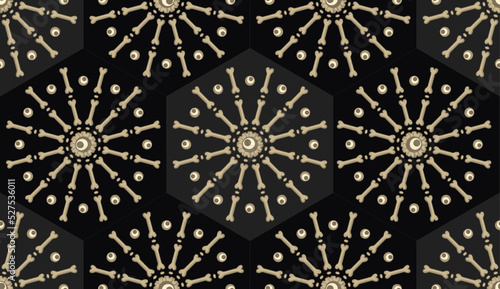 Seamless hexagon geometric pattern with eyes, round shapes of bones like fireworks stars. Creepy, freaky background for Halloween, Dia de Muertos decoration.