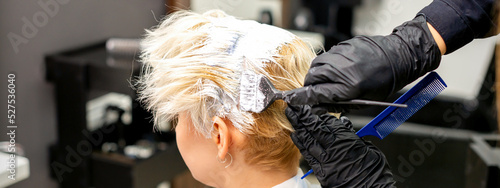 Coloring white hair with hair dye and brush by hands of hairstylist for the young caucasian blonde woman at a hair salon, close up