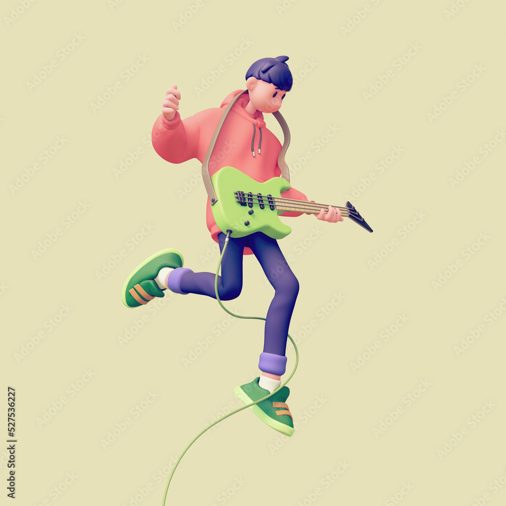 Obraz premium Cute funny asian music lover wears red hoodie, blue jeans, green sneakers plays solo on guitar jumps up in air floating in space have fun joy. Lessons at school, education. 3d render on beige backdrop