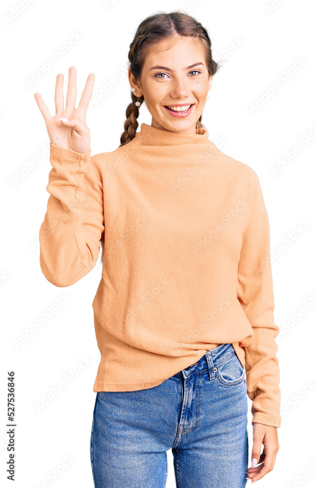 Beautiful caucasian woman with blonde hair wearing casual winter sweater showing and pointing up with fingers number four while smiling confident and happy. Beautiful caucasian woman with blonde hair wearing casual winter sweater showing and pointing up with fingers number four while smiling confident and happy.