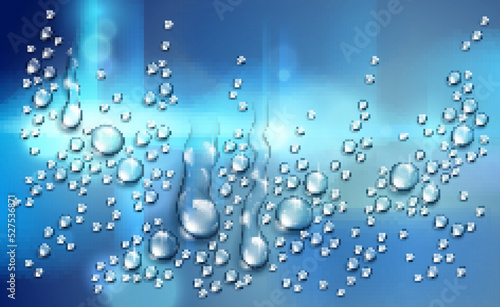 Water rain drops or condensation over blurred night city background beyond the window, realistic transparent 3d vector illustration, easy to put over any background.