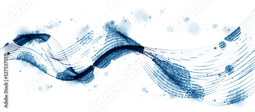 Vector abstract background with wave of flowing particles, smooth curve shape lines, particle array flow. 3d shape dots blended mesh, future technology relaxing wallpaper.