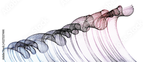 Wave of flowing particles modern relaxing illustration, transparent tulle textile on wind. Round dots vector abstract background. Beautiful wave shaped array of blended points.