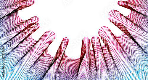 Vector abstract background with wave of flowing particles frame, smooth curve shape lines, particle array flow. 3d shape dots blended mesh, future technology useful border.