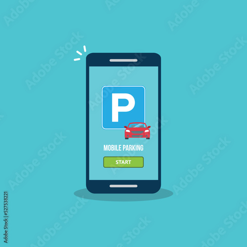 Mobile parking app on smartphone screen. Smart phone with car park application. Internet payment online with modern device.
