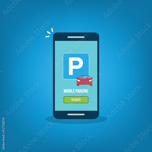 Mobile parking app on smartphone screen. Smart phone with car park application. Internet payment online with modern device.