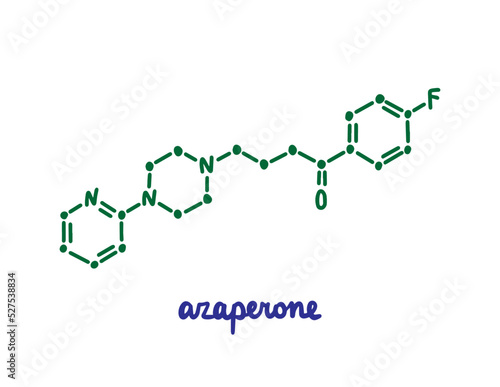 Azaperone hand drawn vector formula chemical structure lettering blue green